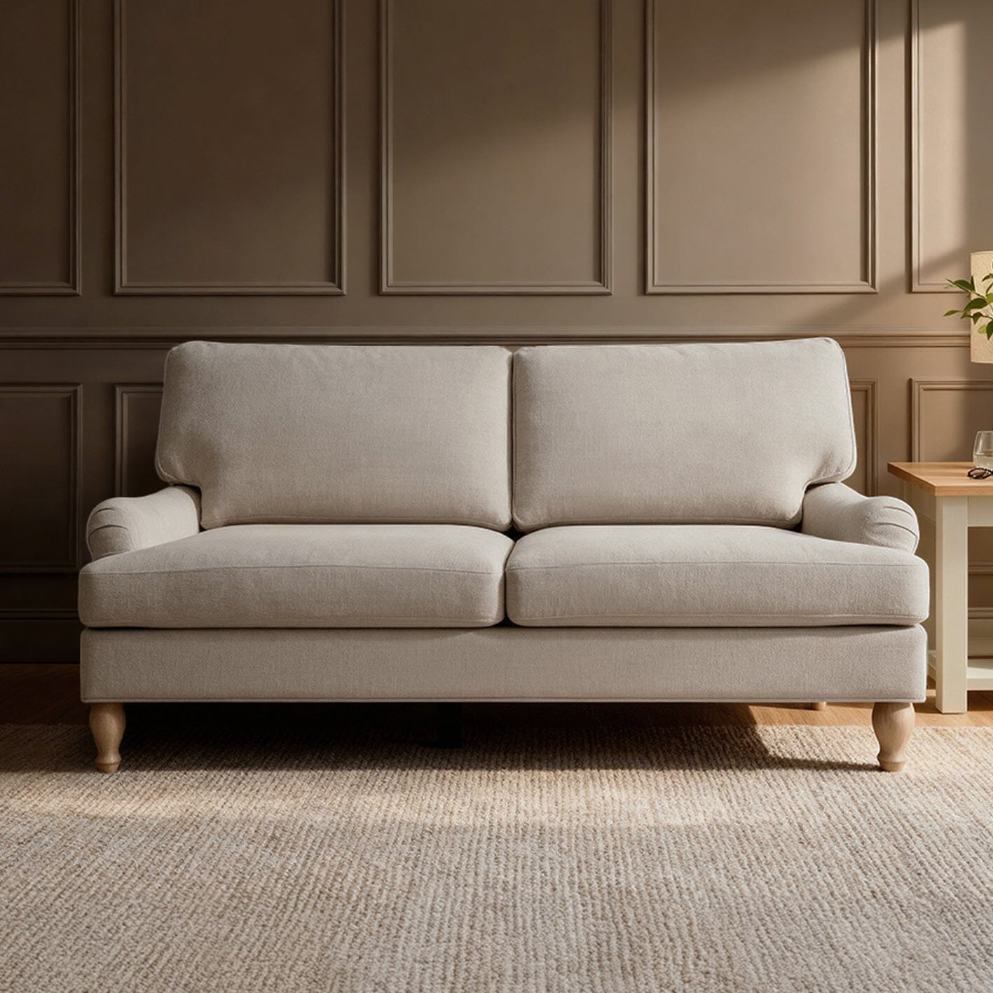 Brea 2 Seater Sofa - Mink Taupe with Whitewash Oak Legs - Laura James 