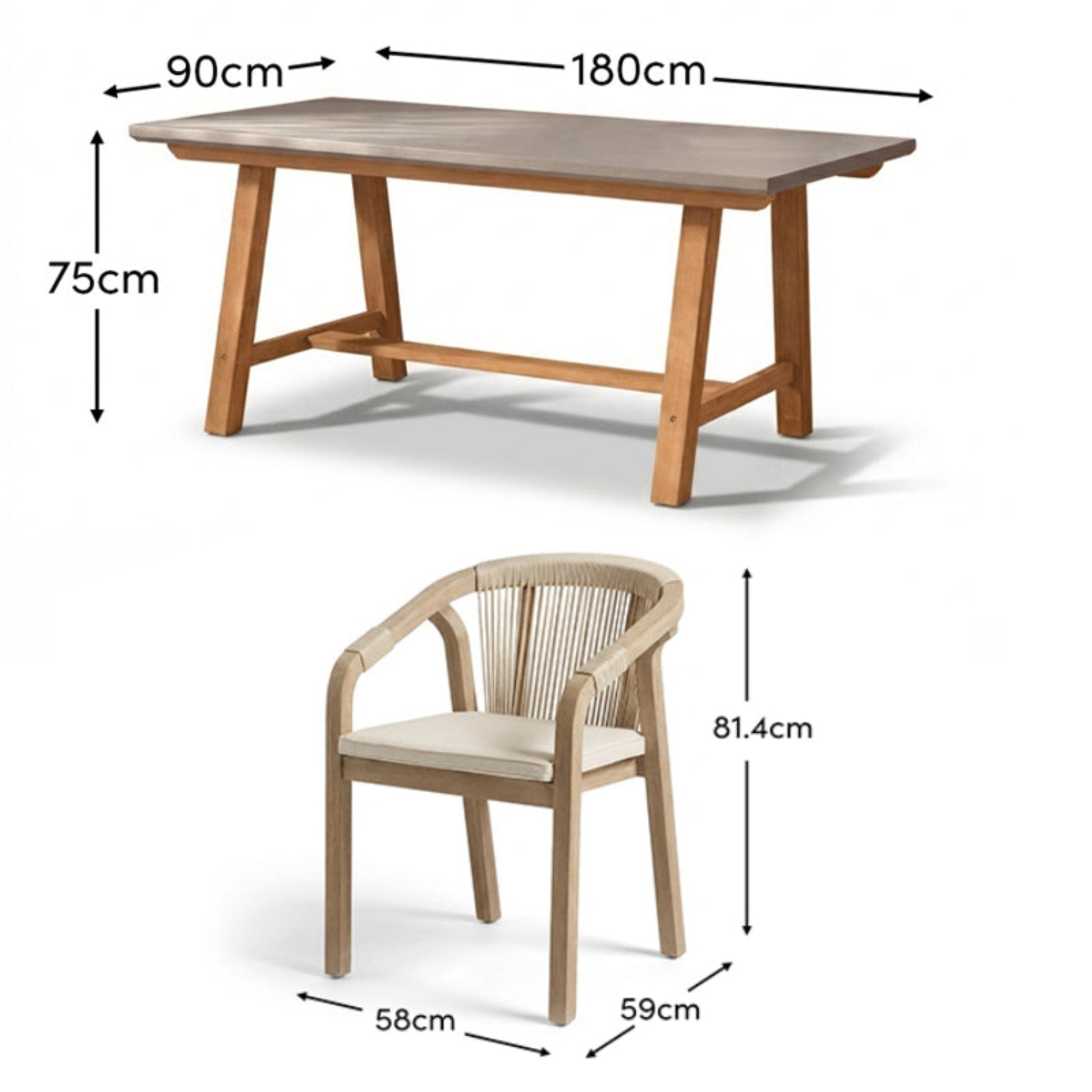 Shiro Pale Grey Concrete Dining Table Set - 6 Seater - Shiro Beige Rope Dining Chairs - Laura James