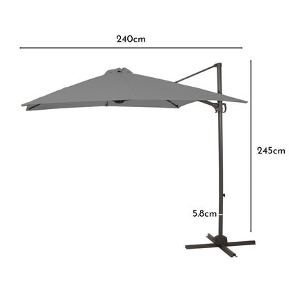 Grey LED Premium Cantilever Parasol - 2.4m Square with Quartered Black Base & Raincover