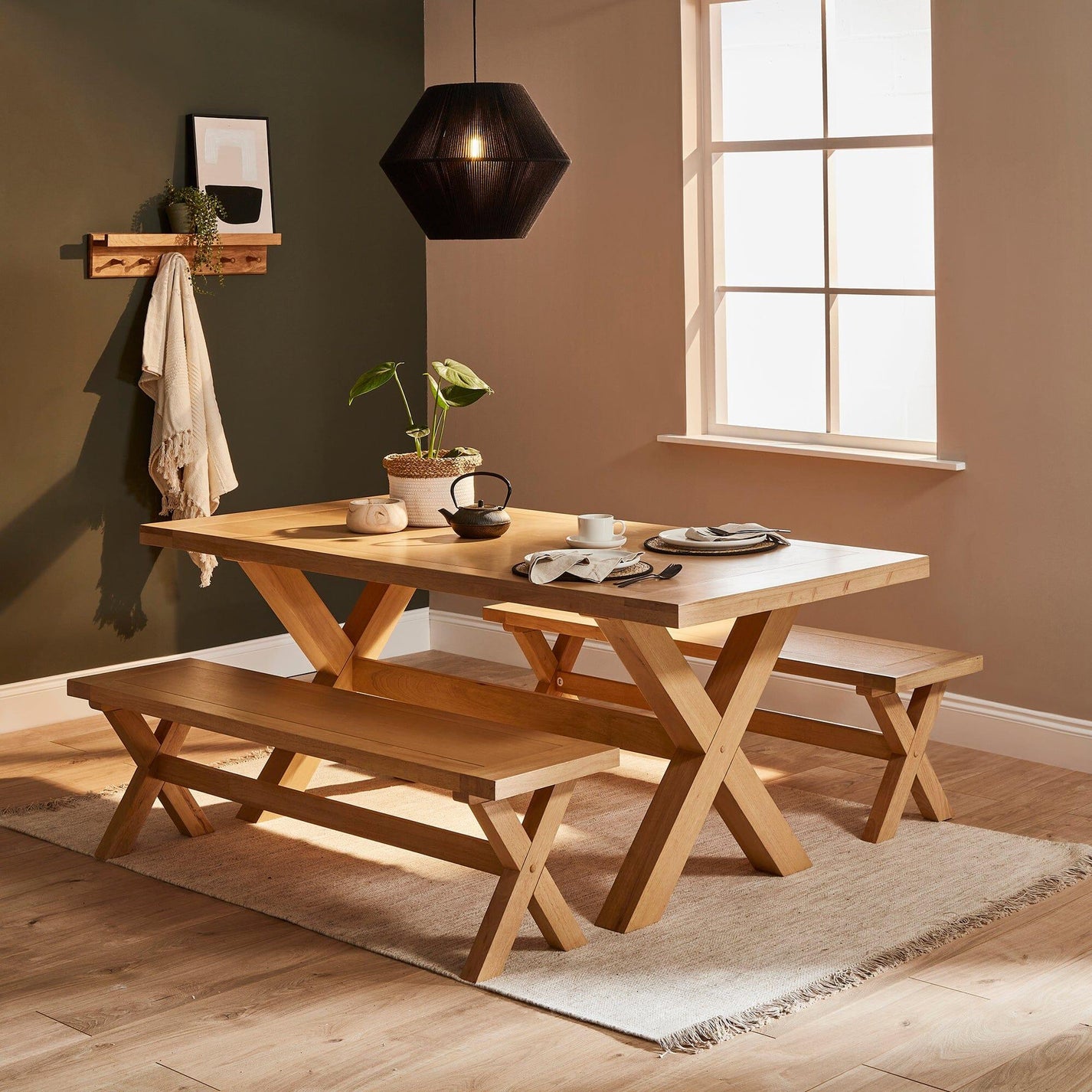 Charlotte 190cm Dining Table with 2 150cm Dining Benches - Pale Oak ...
