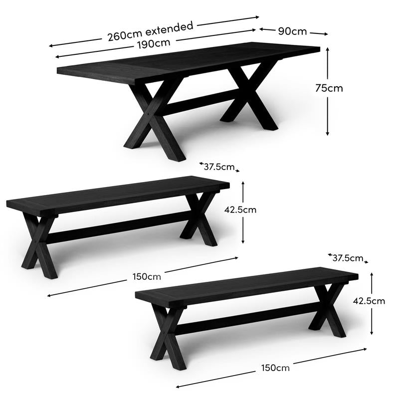 Charlotte Black Oak Extending Dining Table with 2 Black Oak Dining Benches - Laura James