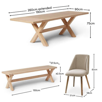 Charlotte Whitewash Extending Dining Table Set - 8 Seater - Freya Sand Dining Chairs & Charlotte Bench