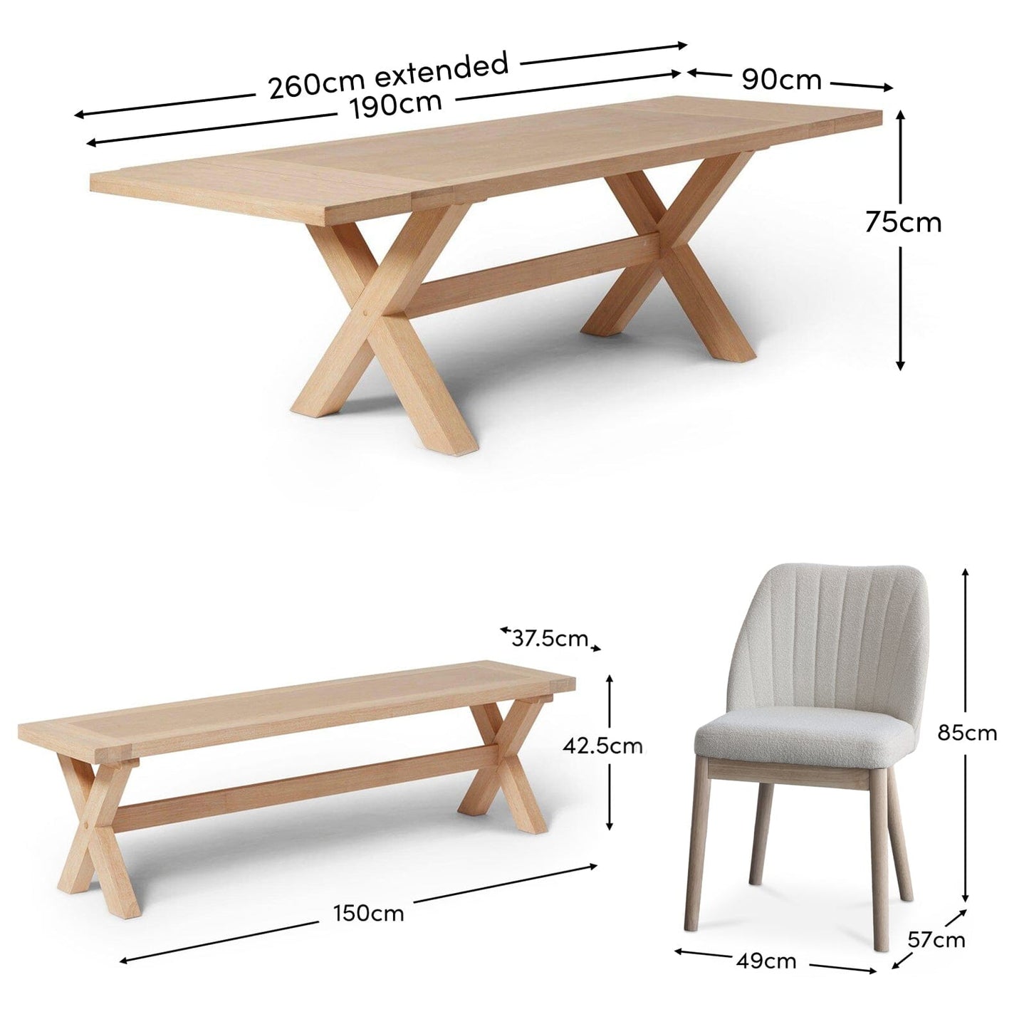 Charlotte Whitewash Extending Dining Table Set - 8 Seater - Chloe Boucle Dining Chairs & Charlotte Bench - Laura James