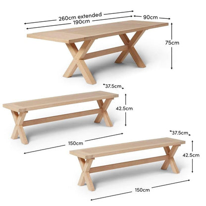 Charlotte Whitewash Oak Extending Dining Table with 2 Whitewash Oak Extending Dining Benches - Laura James
