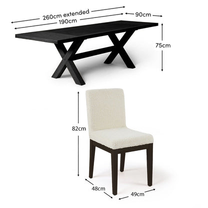 Charlotte Black Oak Extending Dining Table Set - 6 Seater - Nolan Boucle  Dining Chairs -  Black Oak Legs - Laura James 