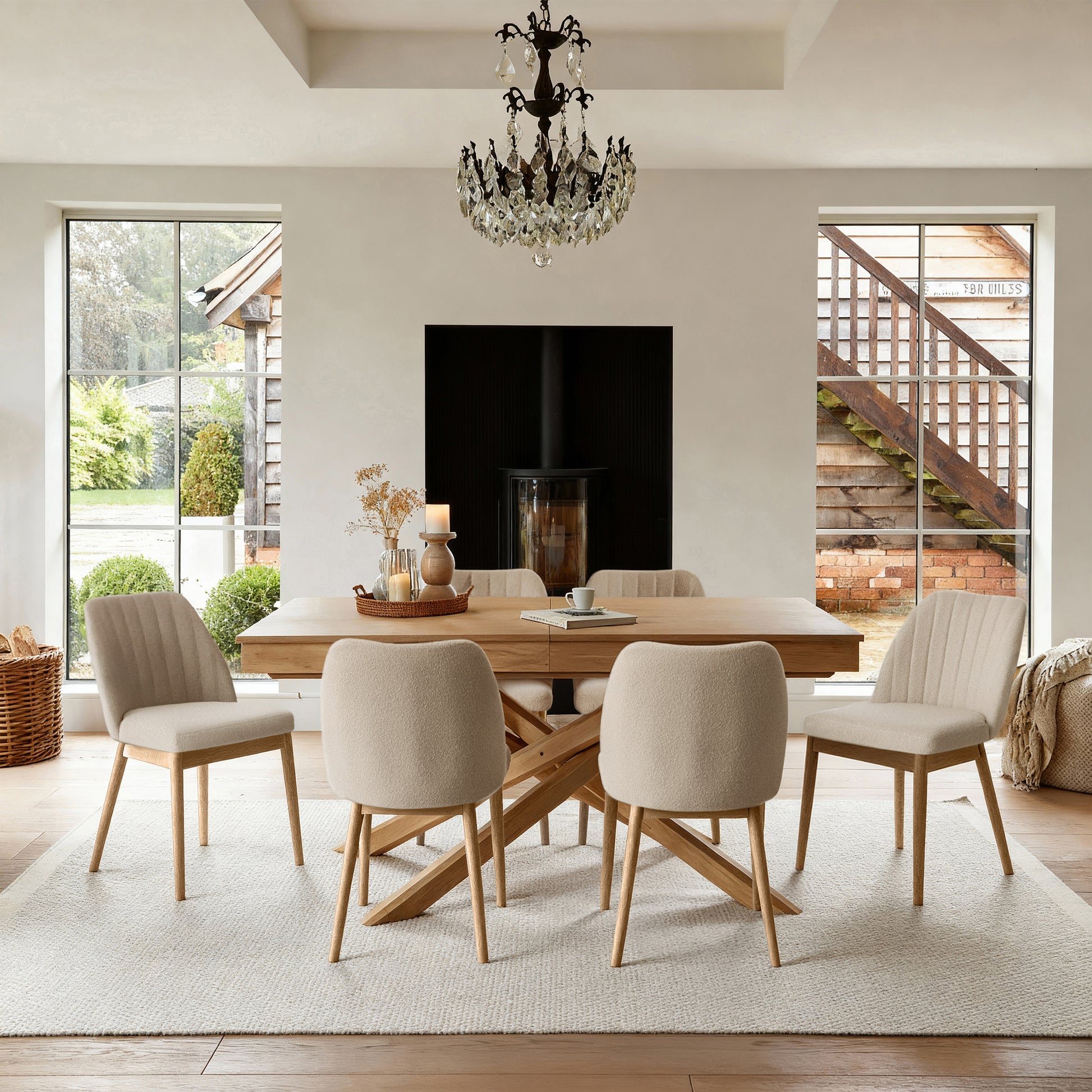 Amelia Whitewash Extending Dining Table Set - 6 Seater - Chloe Boucle Dining Chairs - Whitewash Oak Legs - Laura James 