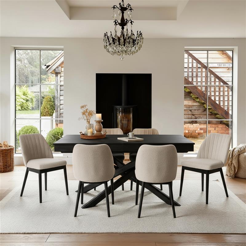 Amelia Black Extending Dining Table Set - 6 Seater - Chloe Boucle Dining Chairs - Black Oak Legs - Laura James