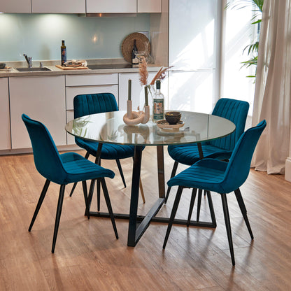 Clara Glass Dining Table Set - 4 Seater - Bella Teal Dining Chairs with Black Legs - Laura James