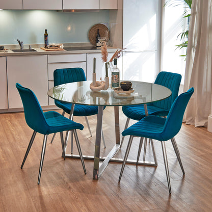 Clara Glass Dining Table Set - 4 Seater - Bella Teal Dining Chairs with Chrome Legs - Laura James