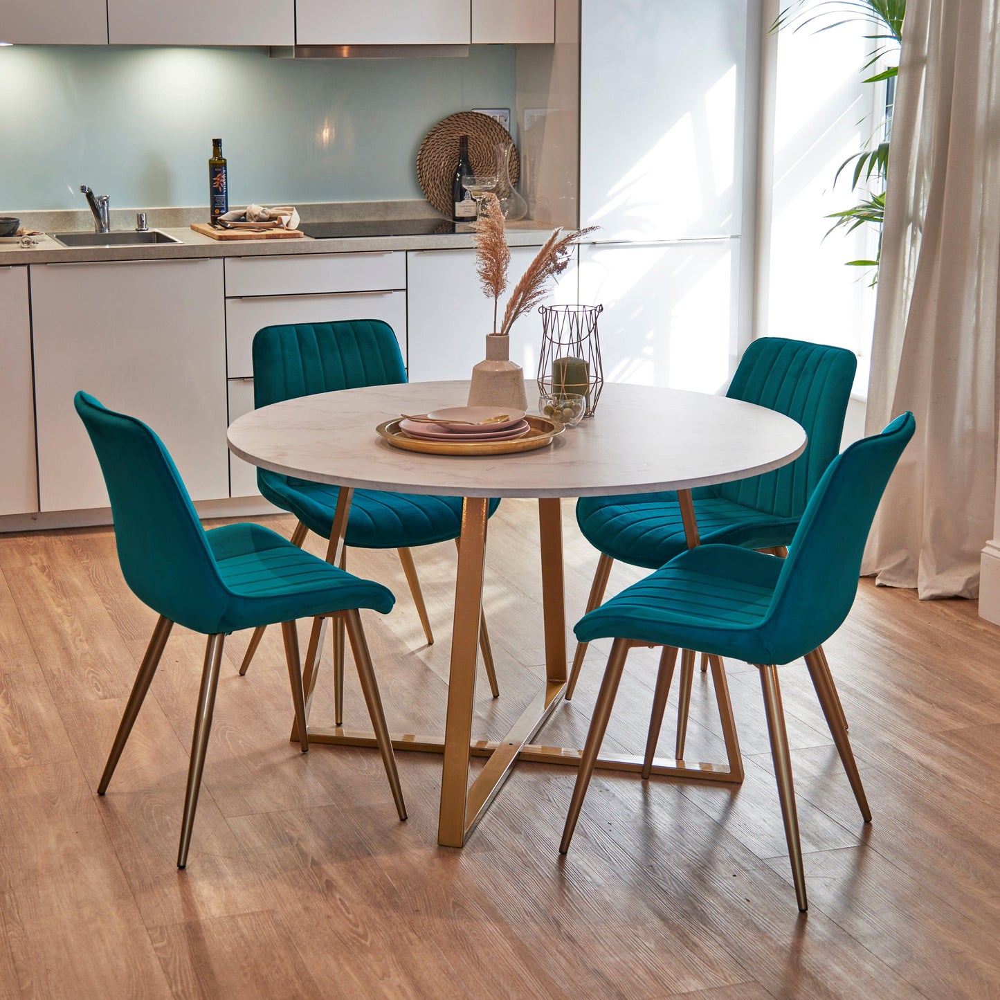 Clara Marble Dining Table Set - 4 Seater - Bella Teal Dining Chairs with Gold Legs - Laura James
