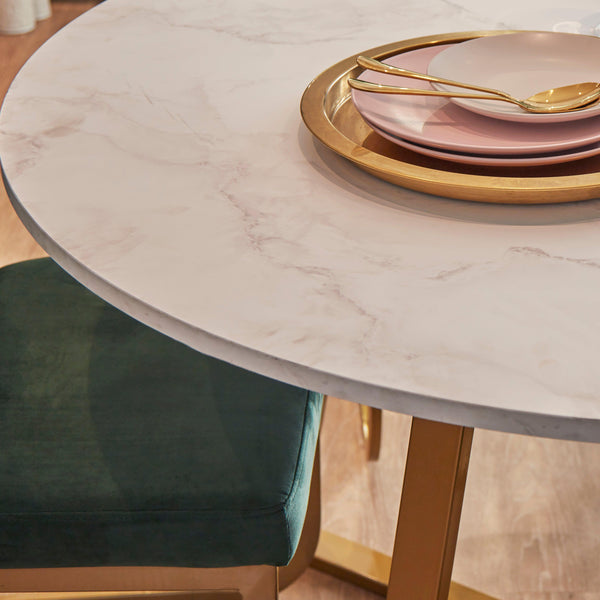 Clara marble effect round dining table - with gold frame - Image 2