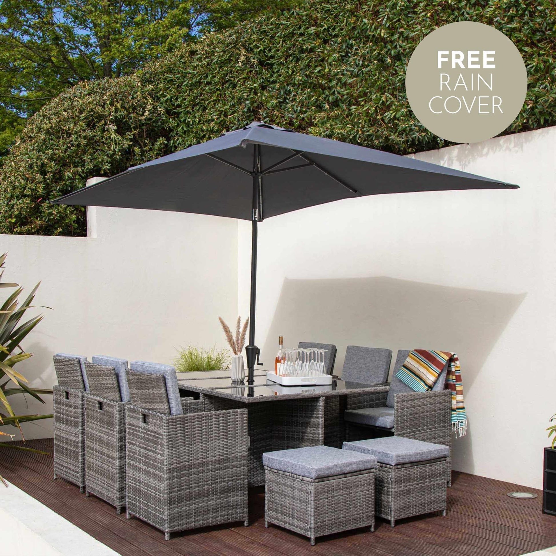 10 Seat Rattan Cube Outdoor Dining Set with LED Premium Parasol - Grey Weave - Laura James