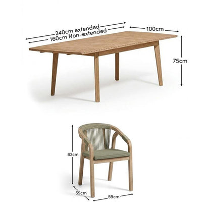 Saffron 6 Seater Extending Wooden Garden Dining Set with Shiro Green Rope Chairs - Laura James