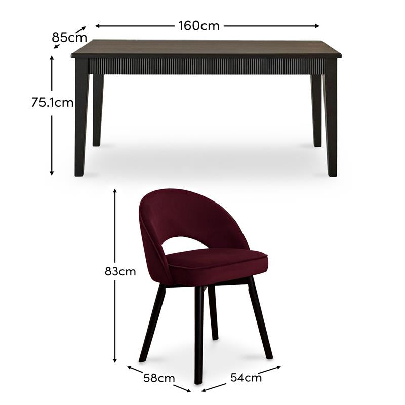 Raleigh Black Dining Table Set - 6 Seater - Marilyn  Burgundy Red Dining Chairs - Black Oak Legs - Laura James 