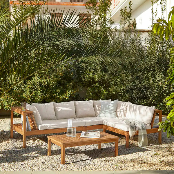 Dakota Wooden Garden Corner Sofa Set with Cream Parasol Sand Cushion Laura James