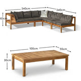 Dakota 6 Seater Wooden Corner Sofa Set - Natural Acacia with Grey Cushions