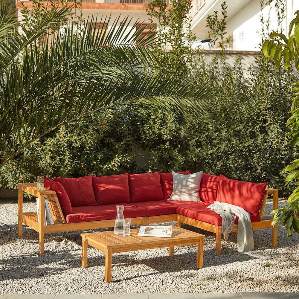 Dakota Wooden Garden Corner Sofa Set - Red Cushions - Laura James 