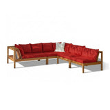 Dakota 7 Seater Wooden Corner Sofa Set - Natural Acacia with Red Cushions - Laura James