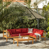 Dakota Wooden Garden Corner Sofa Set with Grey LED Premium Parasol - Red Cushions - Laura James 