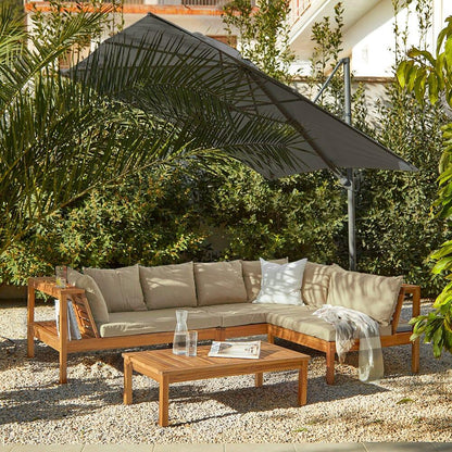 Dakota Wooden Garden Corner Sofa Set with Grey Parasol - Cream Cushions - Laura James