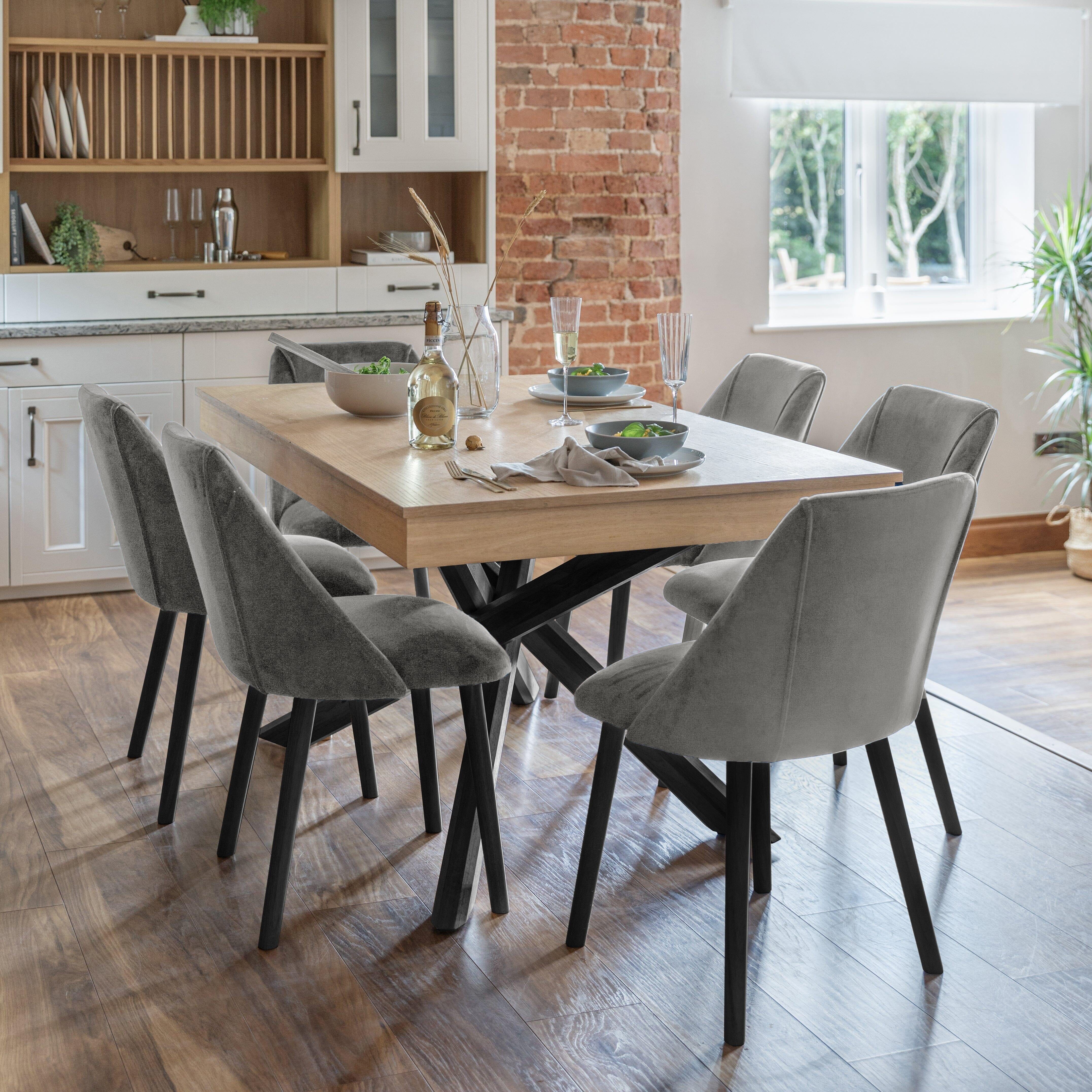Amelia Whitewash Dining Tablet Set Grey Velvet Dining Chairs