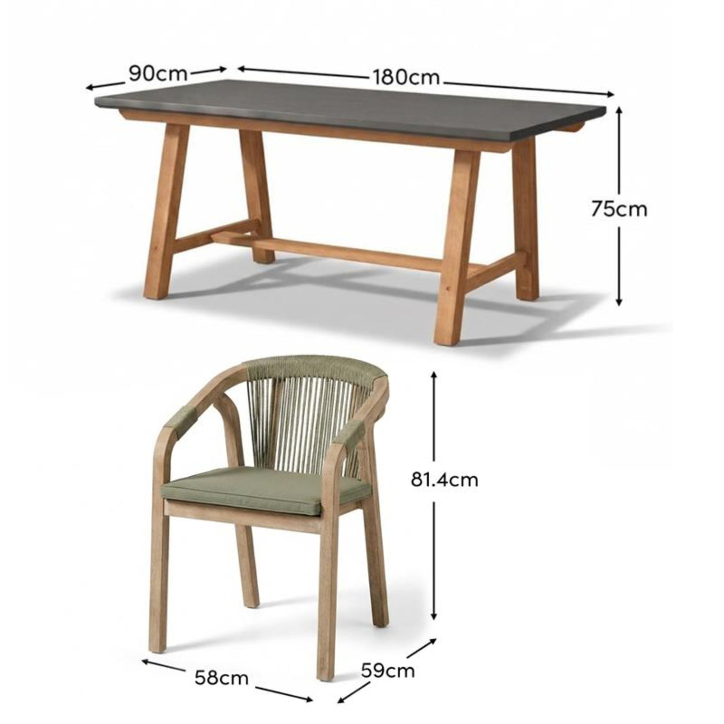 Shiro Dove Grey Concrete Dining Table Set - 6 Seater - Shiro Green Rope Dining Chairs - Laura James