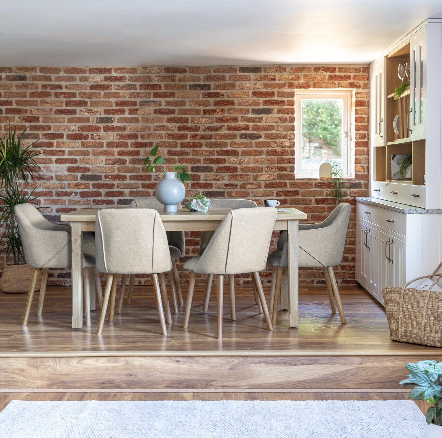 Ella 6 Seater Pale Oak Dining Table Set - Freya Oatmeal Carver