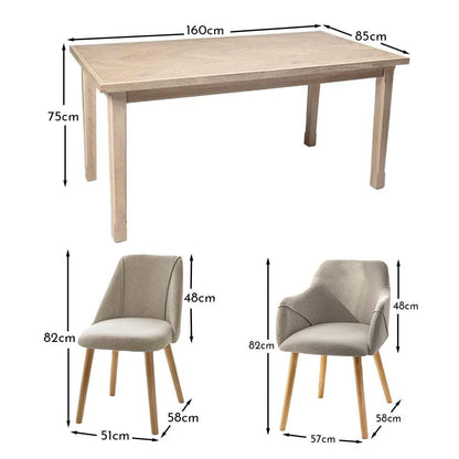 Ella 160cm Pale Oak Dining Table Set - 6 Seater - 4 Freya Dining Chairs with 2 Freya Armchairs - Sand with Pale Oak Legs - Laura James