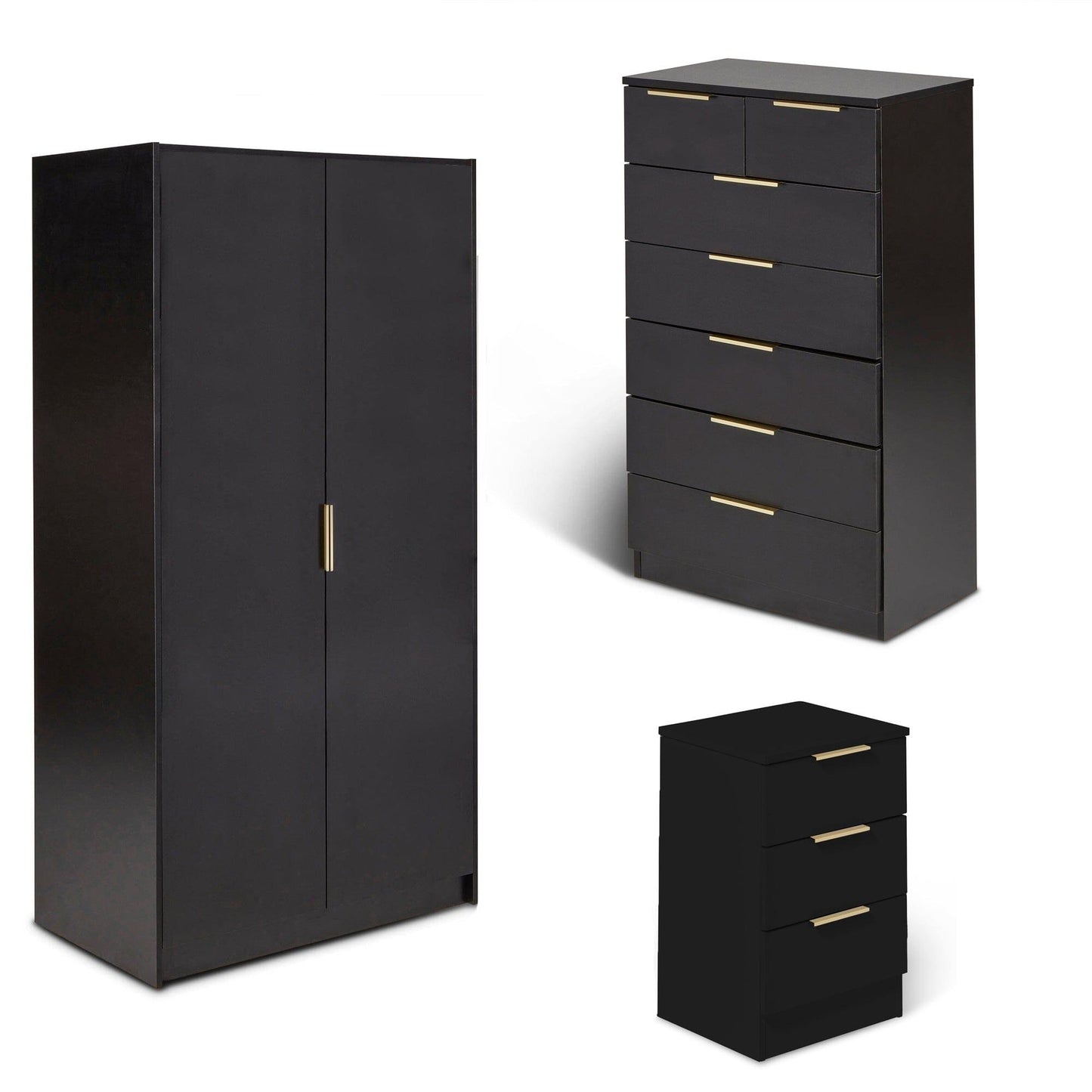 Essie 3 Piece Bedroom Set - 2 over 5 Chest of Drawers - Pitch Black