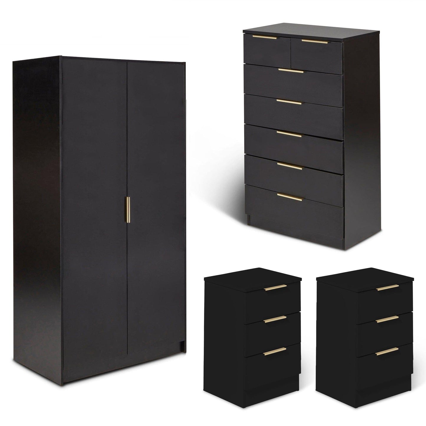 Essie 4 Piece Bedroom Set - 2 over 5 Chest of Drawers - Pitch Black