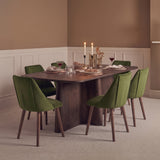 Bastian 220cm Coffee Brown Mango Wood Dining Table Set - 6 Seater - Freya Fern Green Dining Armchairs - Coffee Brown Mango Wood Legs - Laura James 