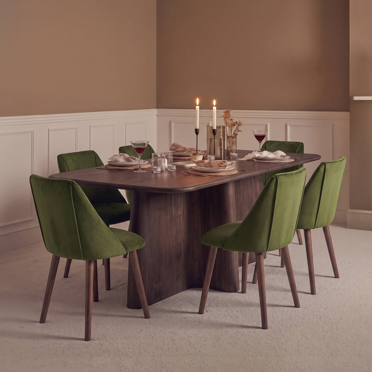 Bastian 220cm Coffee Brown Mango Wood Dining Table Set - 6 Seater - Freya Fern Green Dining Armchairs - Coffee Brown Mango Wood Legs - Laura James 