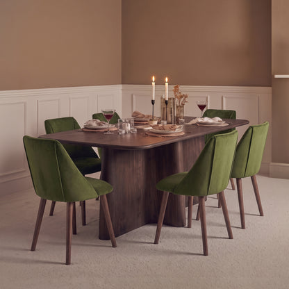 Bastian 220cm Coffee Brown Mango Wood Dining Table Set - 6 Seater - Freya Fern Green Dining Armchairs - Coffee Brown Mango Wood Legs - Laura James 