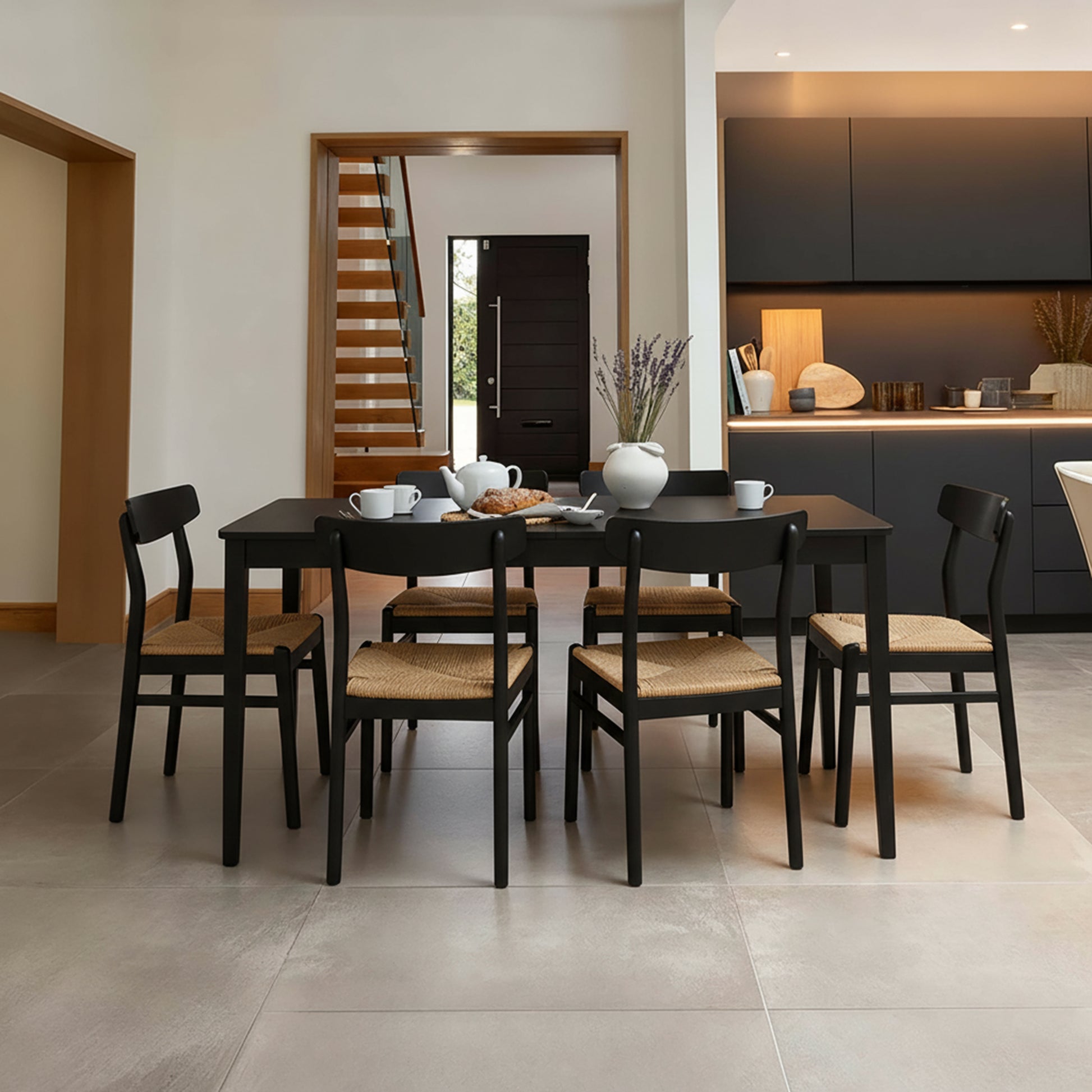 Paul Black Oak Large  Extending Dining Table Set - 6 Seater - Faye Wooden Black Dining Chairs - Laura James 