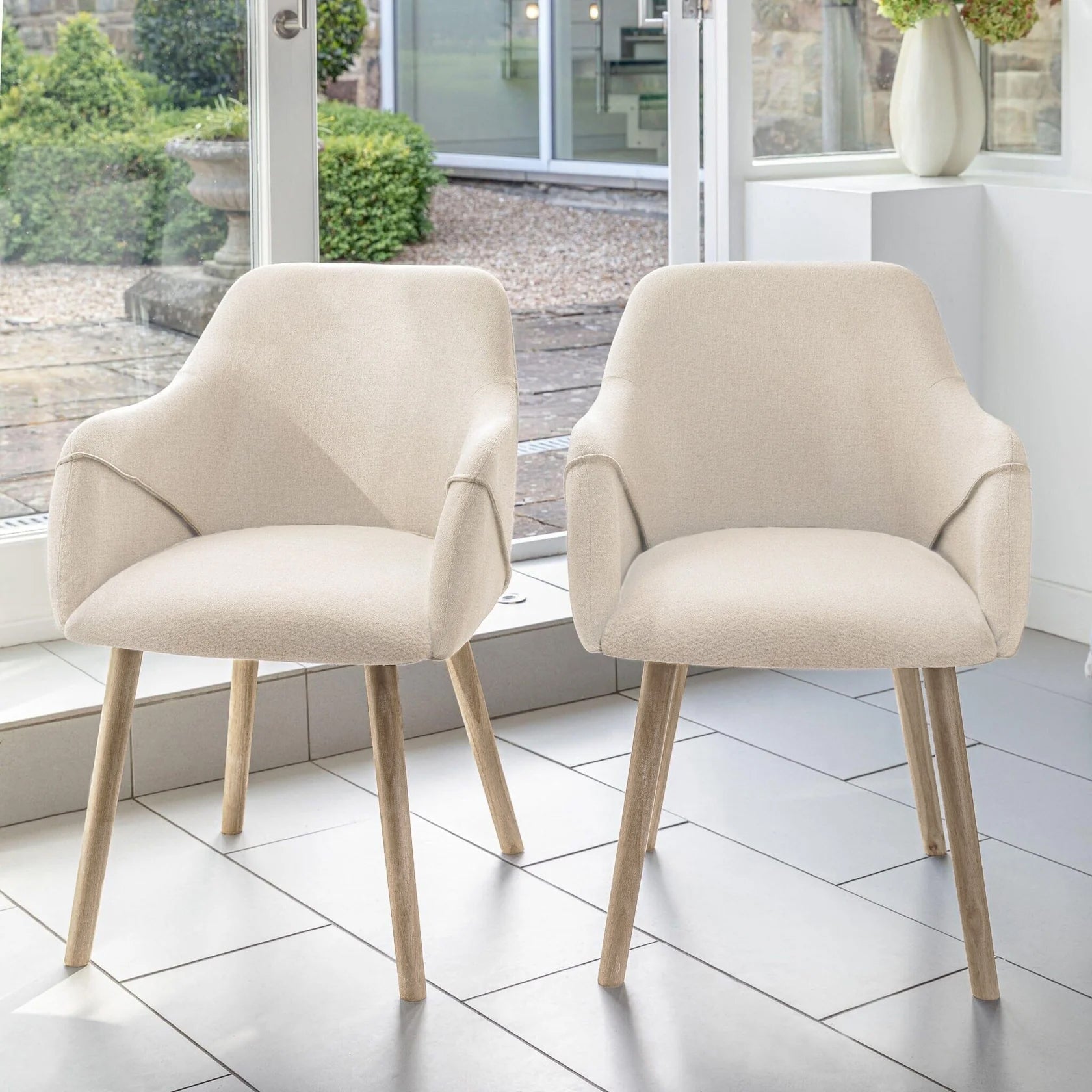 Freya Oat Boucle Dining Armchairs - Set of 2 - Chalked Mangowood Legs - Laura James