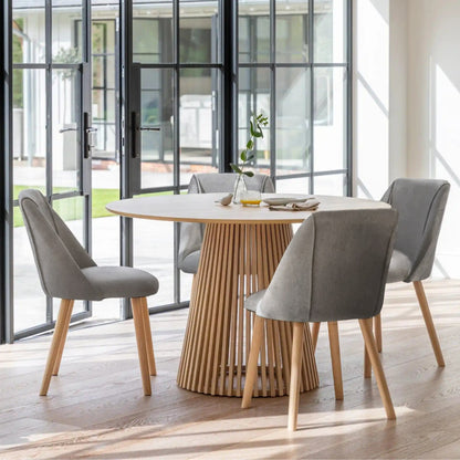 Willow Whitewash Oak Dining Table Set - 4 Seater - Freya Mist Grey Dining Chairs - Whitewash Legs - Laura James 