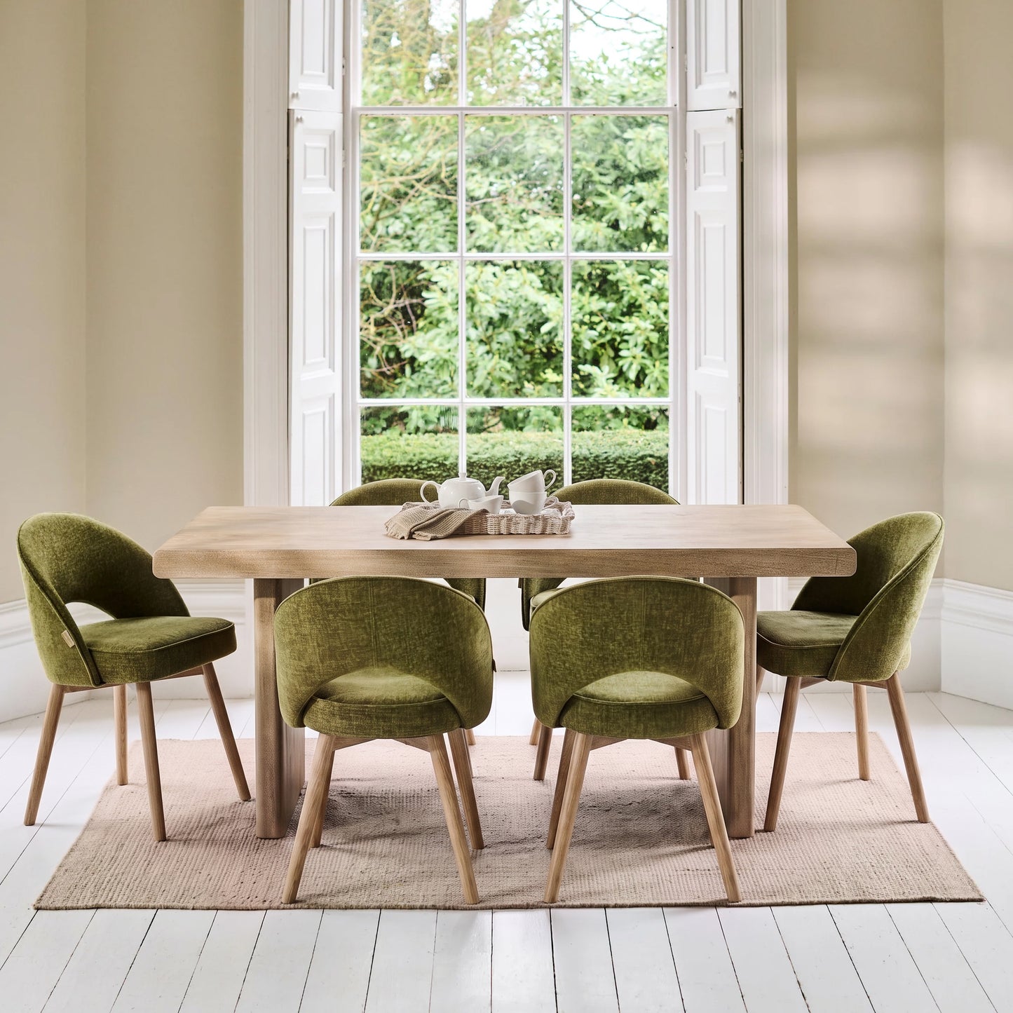 Nevaeh Chalked Mango Wood Dining Table Set - 6 Seater - Marilyn Green Dining Chairs - Chalked Mango Wood Legs - Laura James 