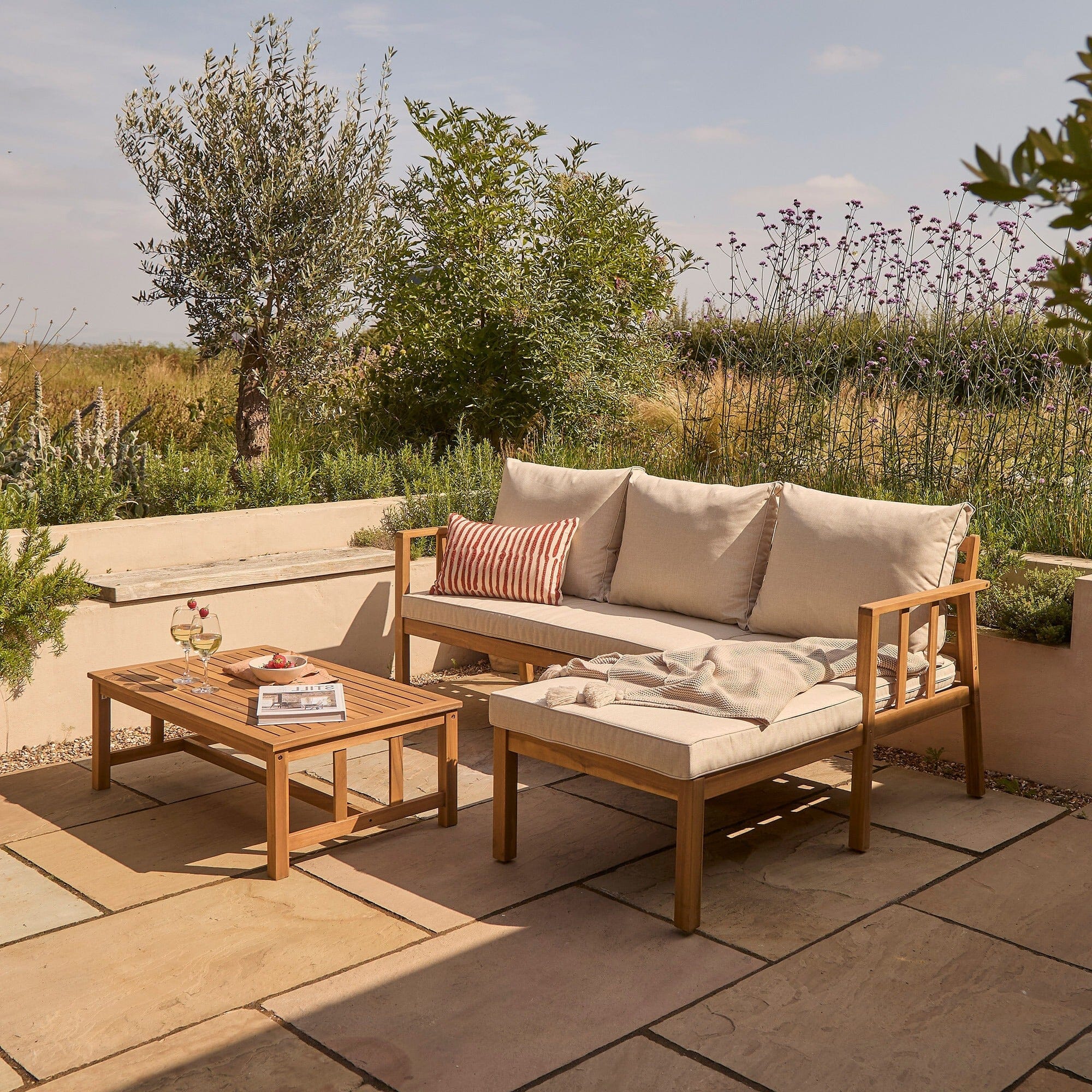 Harrelson 3 Seater Wooden Garden Chaise Corner Set - Natural