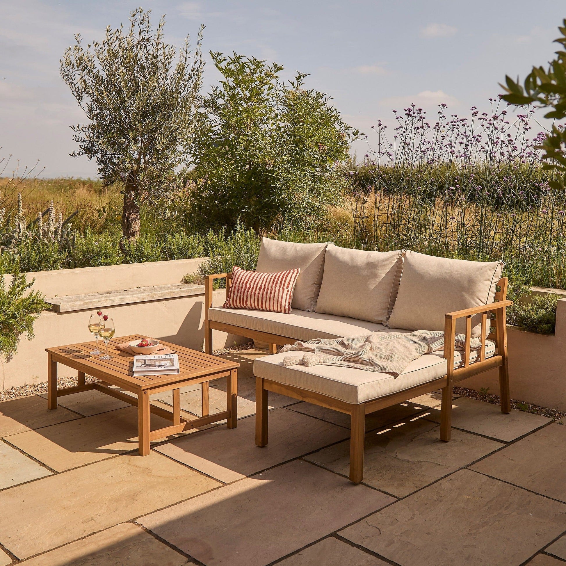 Harrelson 3 Seater Wooden Garden Chaise Corner Set - Natural Acacia and Sand - Laura James
