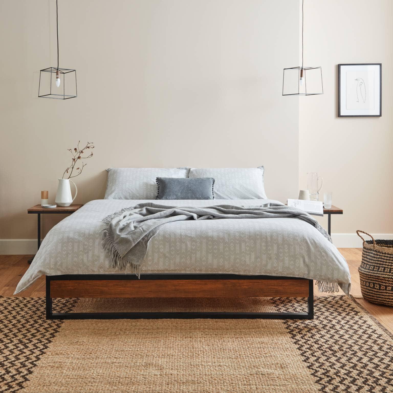 Heeley Double Platform Bed Black Metal Wood Effect with Mattress