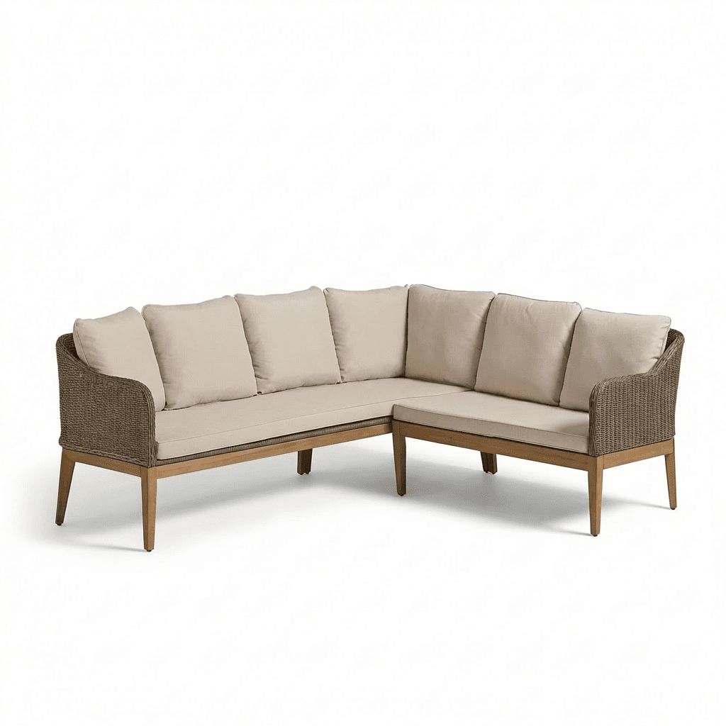 Harlyn 6 Seater Wooden Garden Dining Set with Corner Sofa & 2 Harlyn Dining Armchairs - Laura James