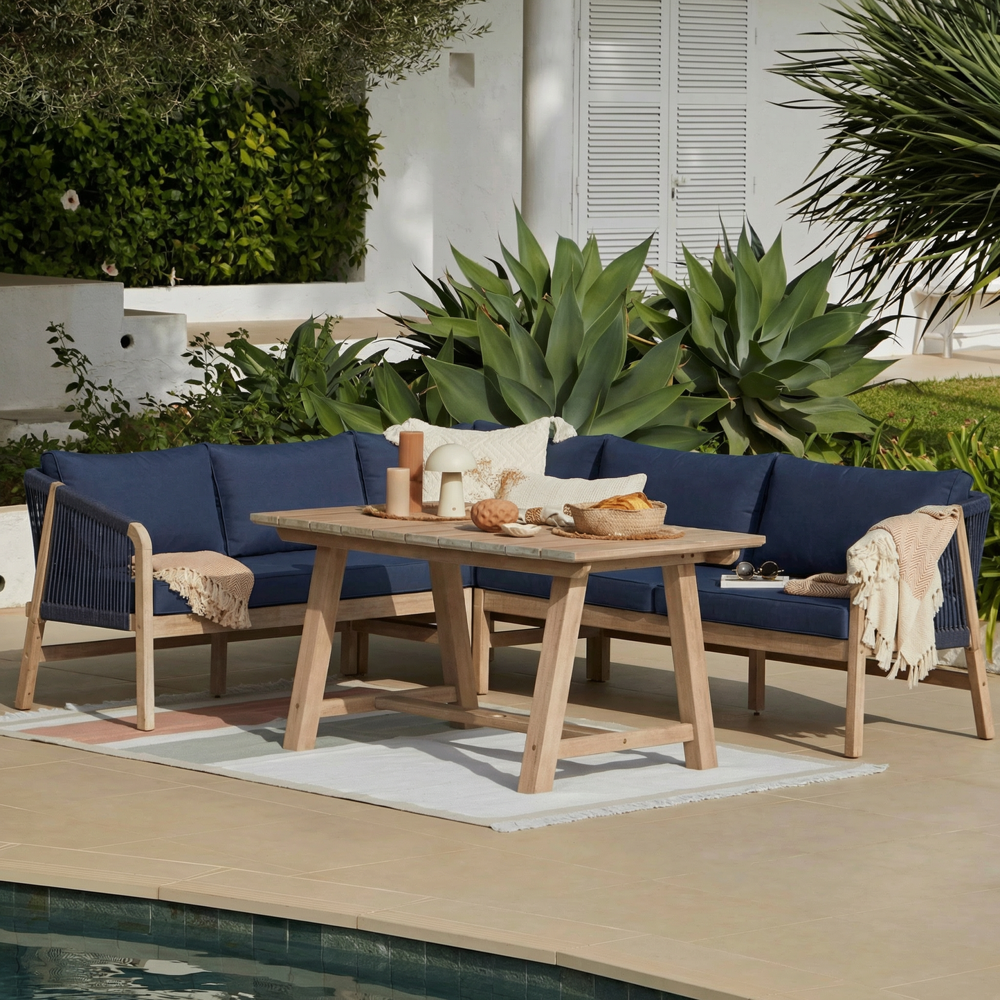 Shiro 4 Seater Wooden Garden Corner Sofa with Dining Table - Navy - Laura James