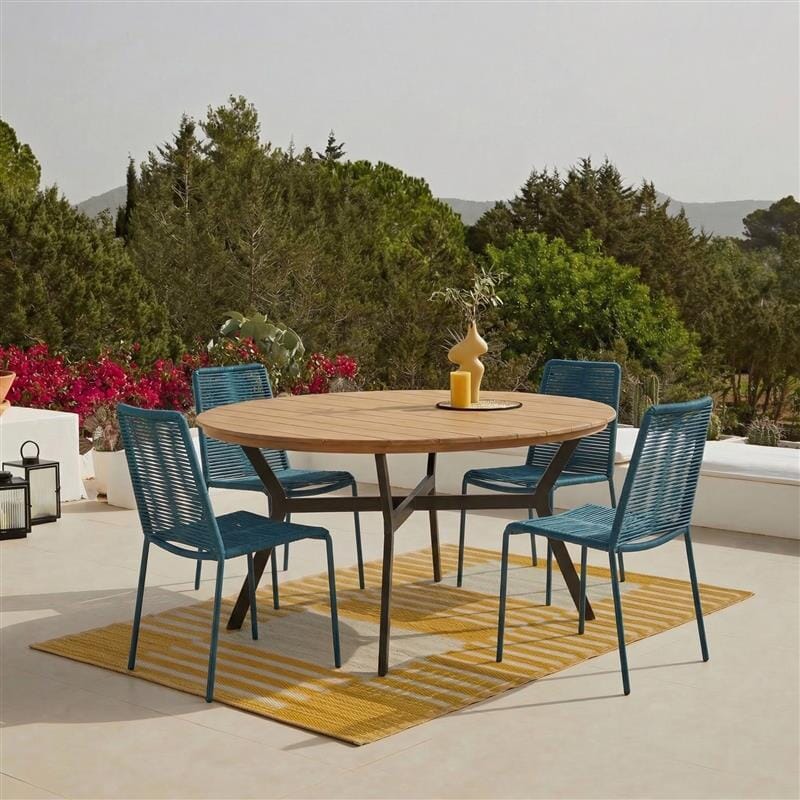 Ezra 4 Seater Round Wooden Garden Set with Ryder Teal Chairs - Laura James