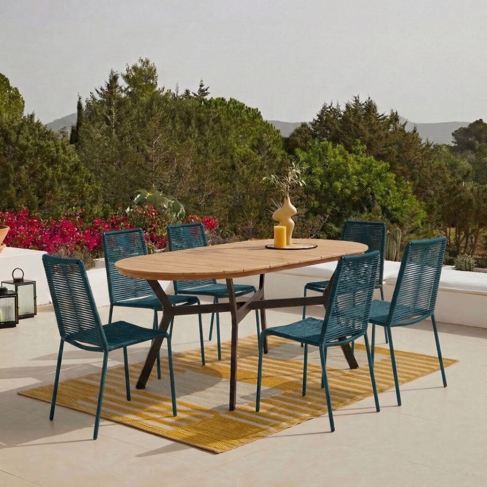 Ezra 6 Seater Oval Wooden Garden Dining Set with Ryder Teal Chairs - Laura James
