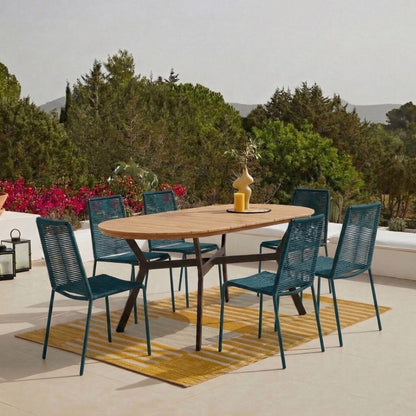 Ezra 6 Seater Oval Wooden Garden Dining Set with Ryder Teal Chairs - Laura James