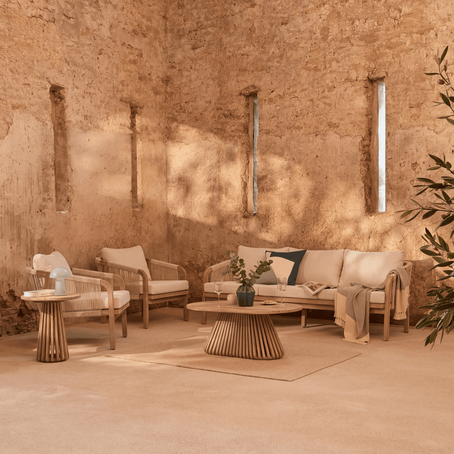 Shiro Wooden Garden Set with 3 Seater Sofa - 2 Shiro Sand Armchairs - Willow Coffee & Side Table - Laura James