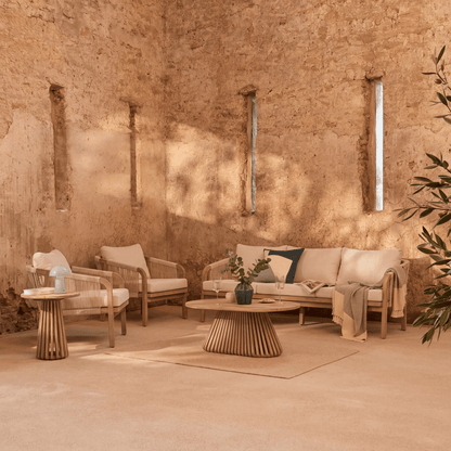 Shiro Wooden Garden Set with 3 Seater Sofa - 2 Shiro Sand Armchairs - Willow Coffee & Side Table - Laura James
