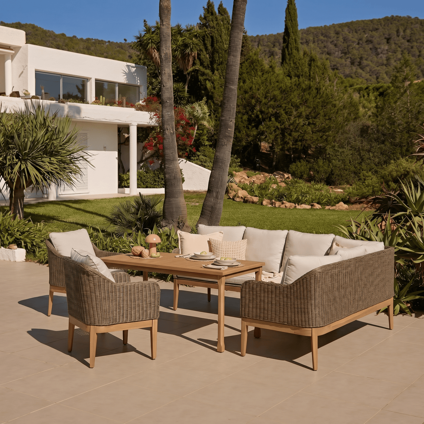 Harlyn 7 Seater Wooden Garden Dining Set with Corner Sofa & 2 Harlyn Dining Armchairs - Laura James