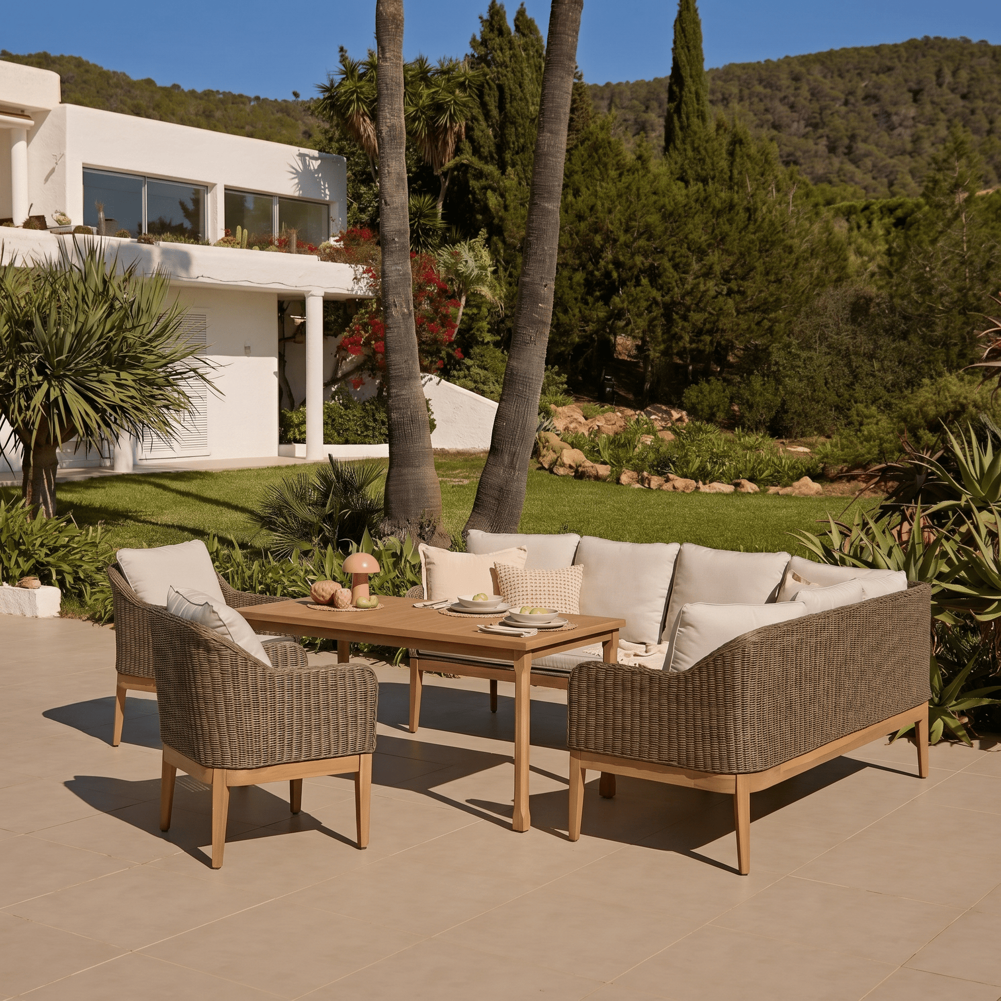 Harlyn 7 Seater Wooden Garden Dining Set with Corner Sofa & 2 Harlyn Dining Armchairs - Laura James