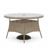 Kemble 6 Seater Round Rattan Garden Dining Table - Light Grey with Clear Glass Top - Laura James